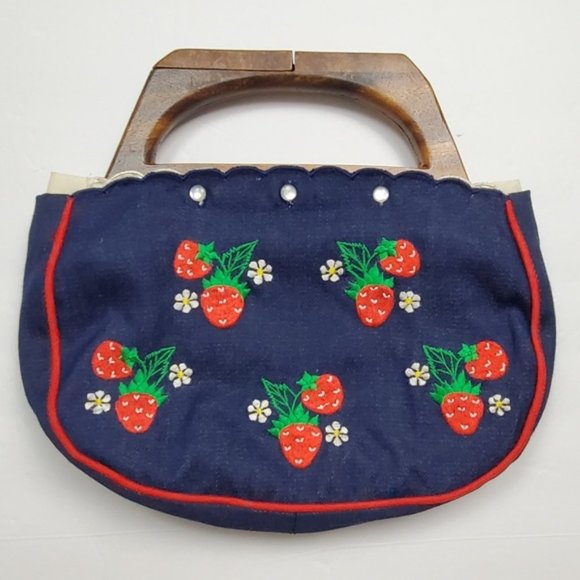 Vintage Handbags - VTG Veloso Strawberry Print Wooden Handle Purse